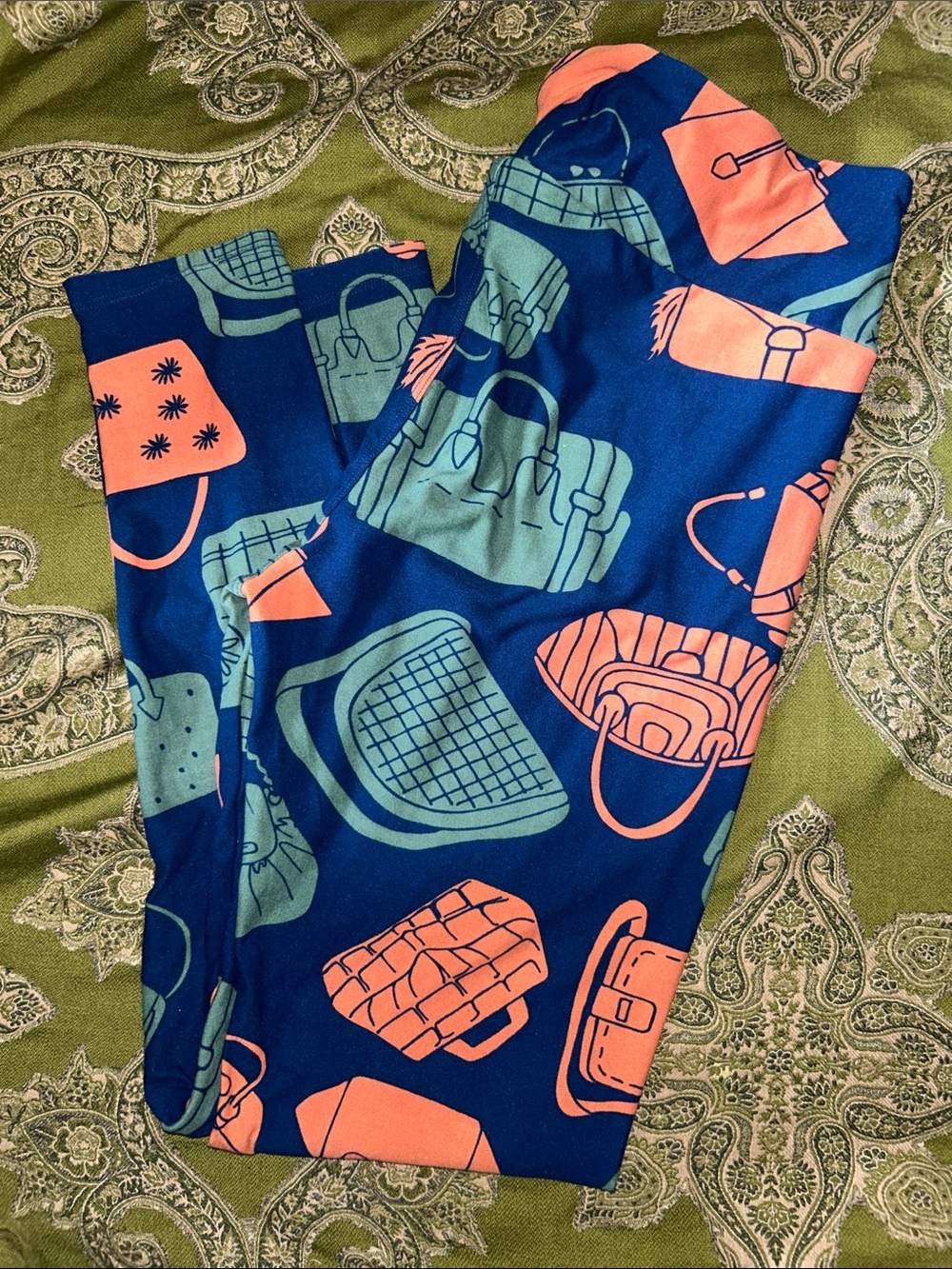 LuLaRoe Navy Blue Leggings with Coral & Teal Handbag Print